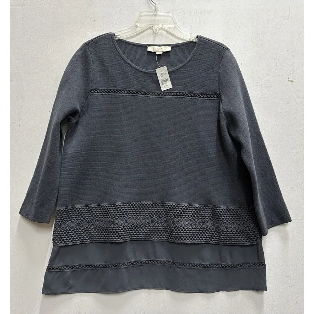 Ann Taylor women size large gray cotton  sweater with embellished trim   new